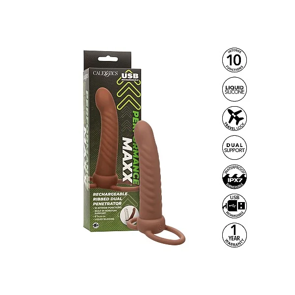 Performance Maxx Rechargeable Ribbed Dual Penetrator - Bruine huidskleur van het merk Performance Maxx - Penis Sleeves - online kopen bij Masculum.nl. De discrete online seks-toys en erotisch heren ondergoed winkel voor gay & hetero mannen.