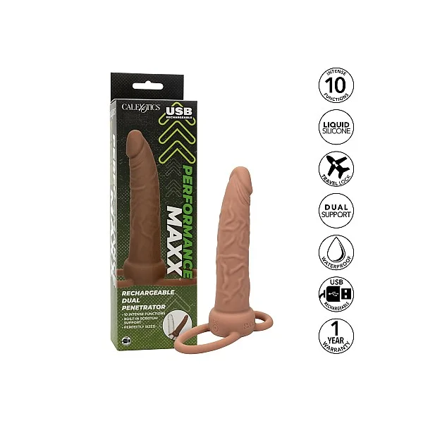 Rechargeable Dual Penetrator - Bruine huidskleur van het merk Performance Maxx - Voorbinddildo's - online bestellen bij Masculum.nl. De discrete online seks-toys en erotisch heren ondergoed winkel voor gay & hetero mannen.