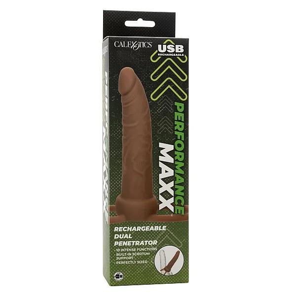 Rechargeable Dual Penetrator - Bruine huidskleur van het merk Performance Maxx - Voorbinddildo's - online bestellen bij Masculum.nl. De discrete online seks-toys en erotisch heren ondergoed winkel voor gay & hetero mannen.