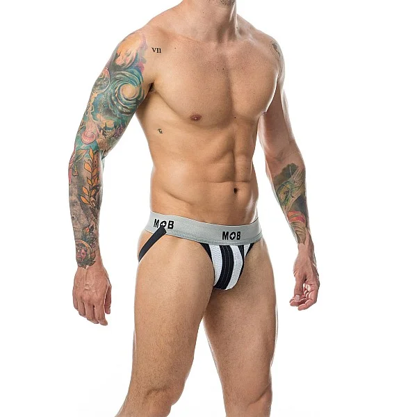 MOB Stripe Classic Jock - Wit van het merk MOB Eroticwear - Heren Lingerie - online kopen bij Masculum.nl. De discrete online seks-toys en erotisch heren ondergoed winkel voor gay & hetero mannen.