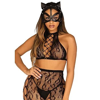 Vegan leather studded catmask - Zwart